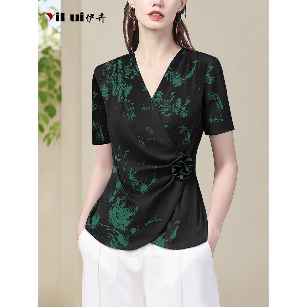 YIHUI伊卉弹力衬衫上衣女秋设计感法式显瘦衬衣短袖小衫SH257069