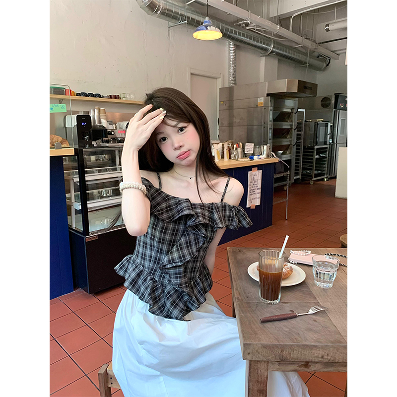 【现货秒发】春夏纯欲气质格纹荷叶边吊带衬衫上衣休闲半身裙长裙