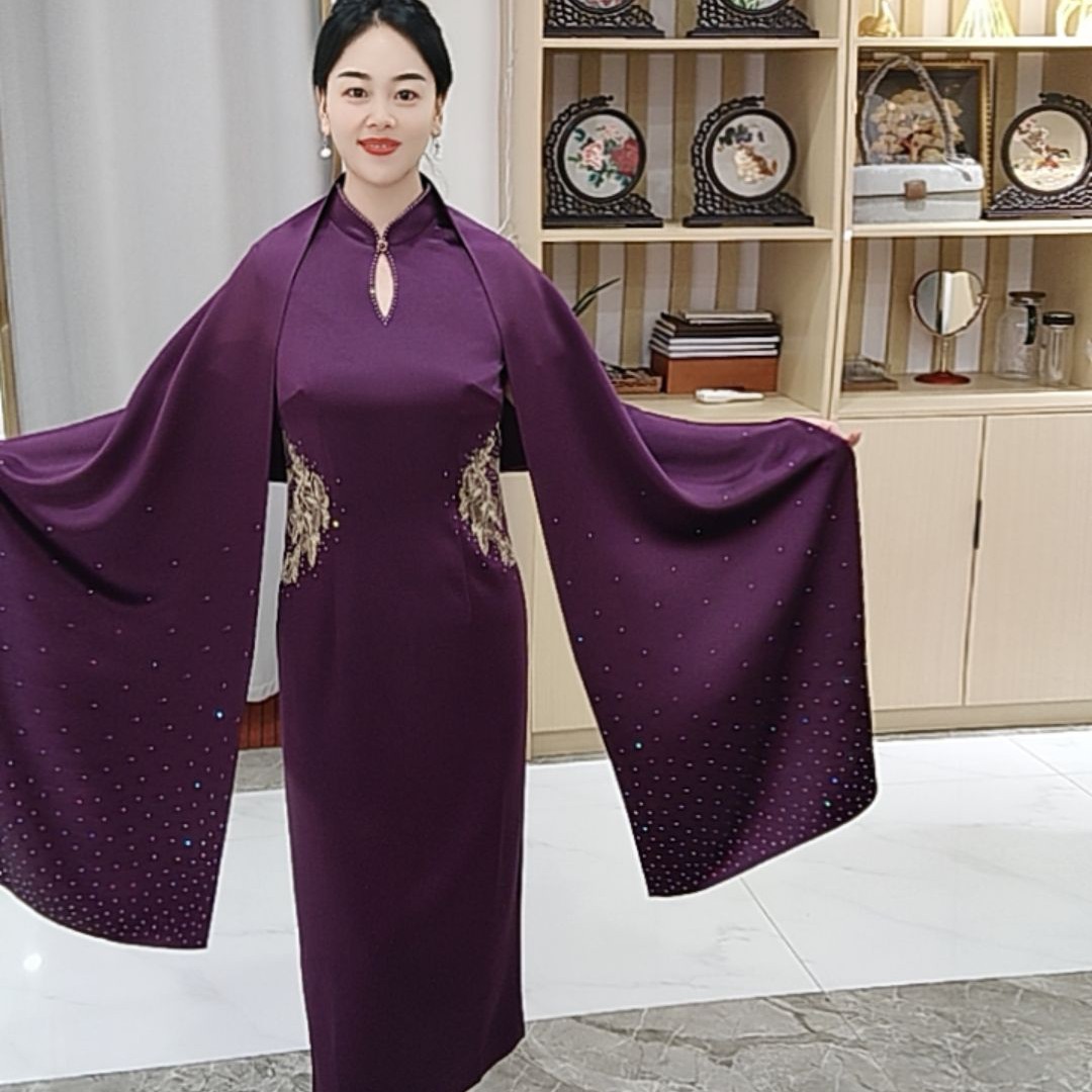 朱紫褕17276花好月圆水滴领中式旗袍喜婆婆喜妈妈婚宴礼服