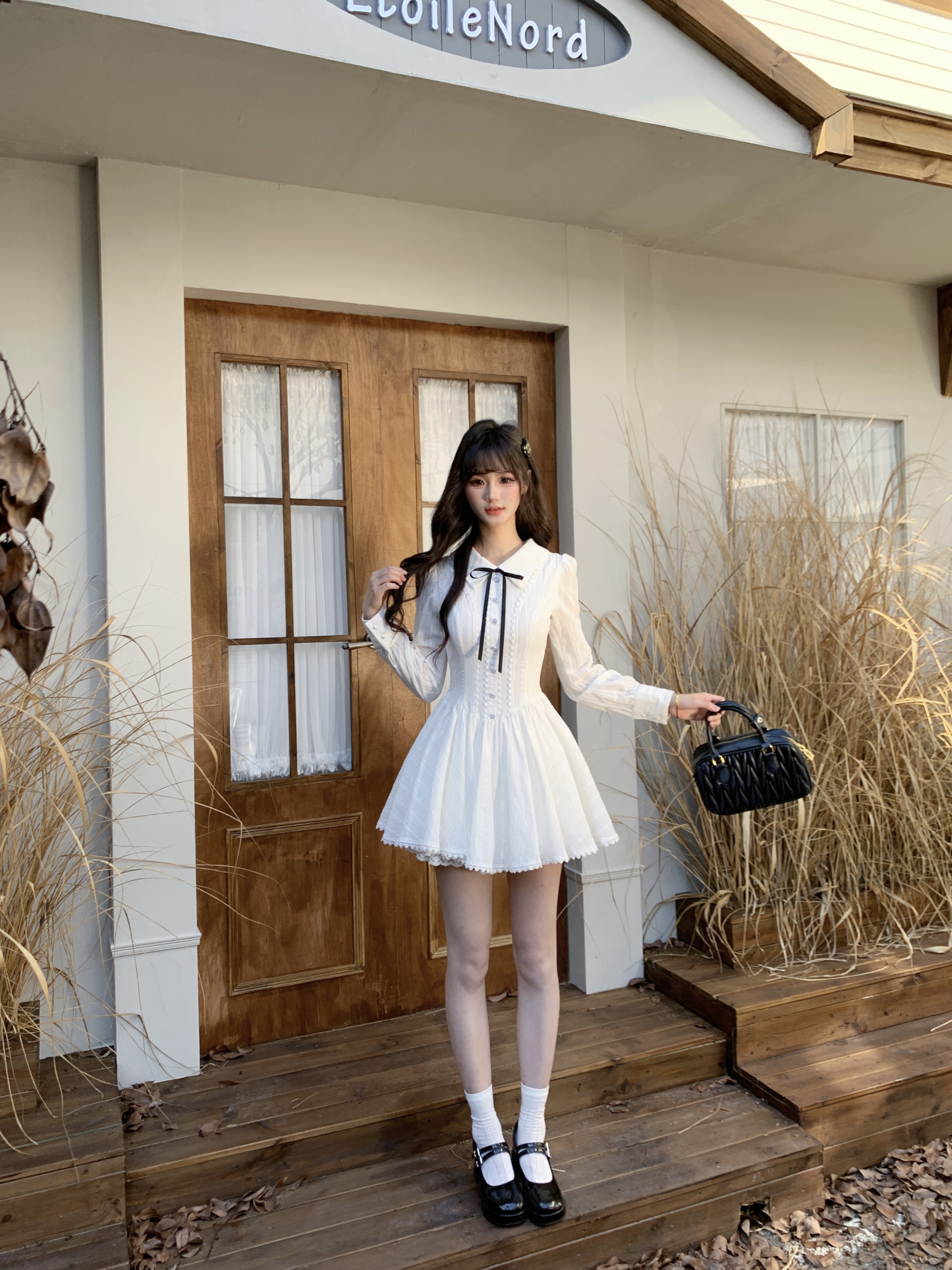 越韩小鱼 学妹你好长袖版 学院风甜美少女显瘦蓬蓬白色连衣裙女