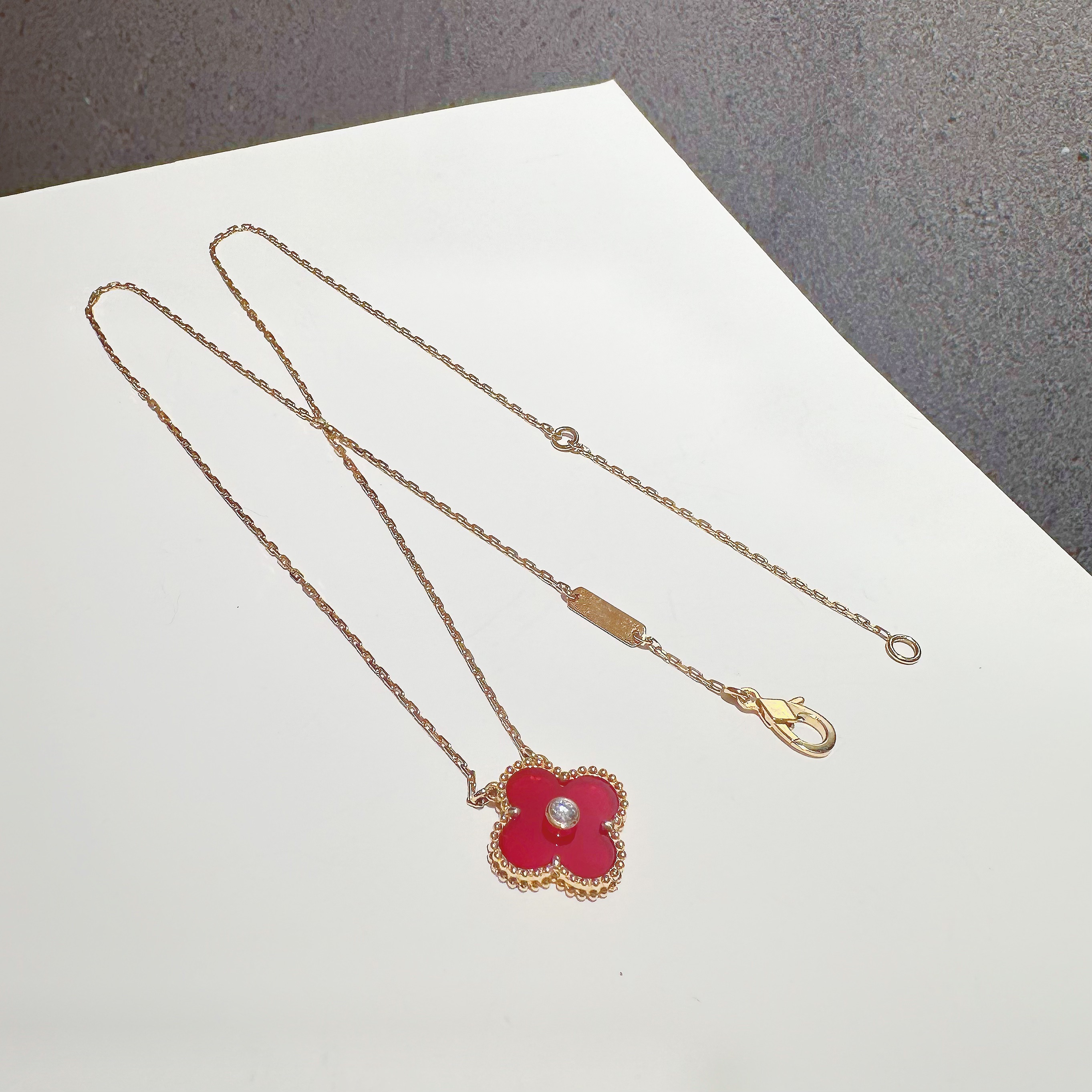 18k金 红花带钻项链 经典红色高级精致新年限定款红单花项链