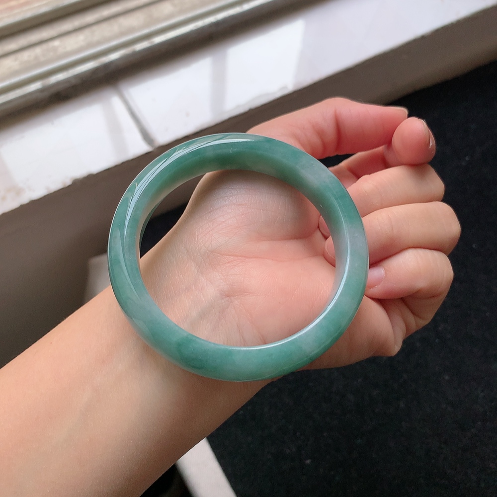 1705号 缅甸天然A货翡翠手镯56圈口蓝绿宽边正装手镯