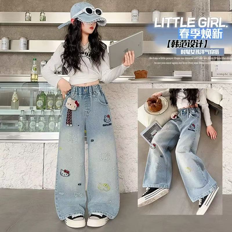 儿童牛仔裤女童裤子春秋2025新款韩版女孩春装阔腿裤中大童休闲裤