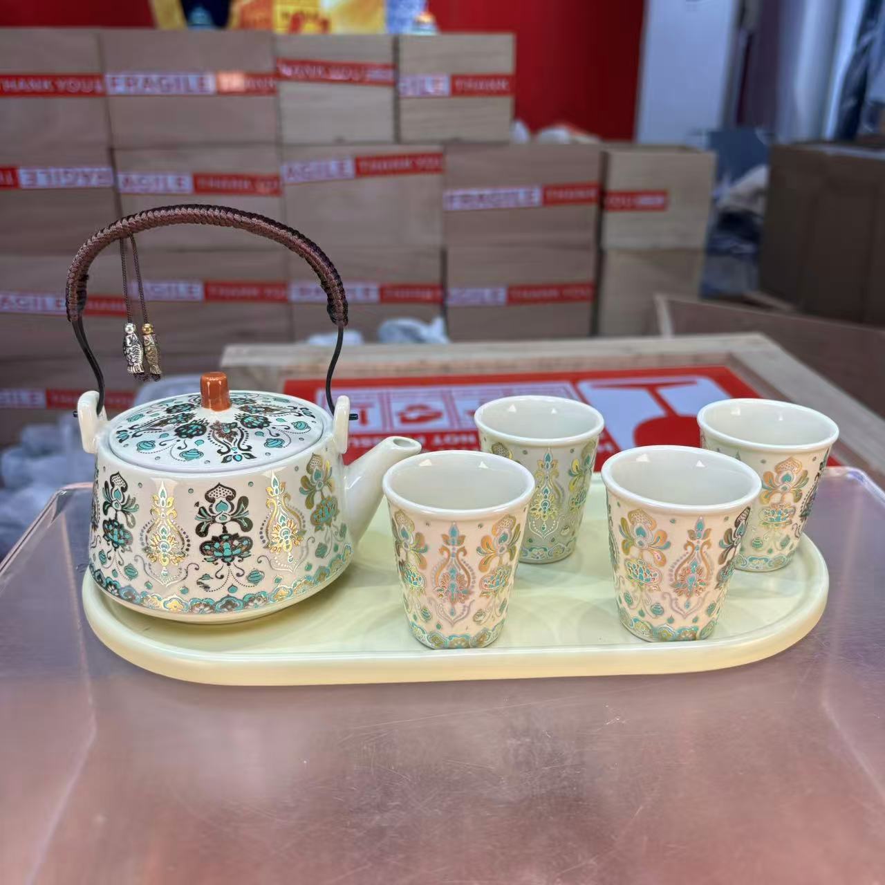 秋香茶具 敦煌凤翎金银措提梁壶一壶四杯+盘（无礼盒）小套装-3195