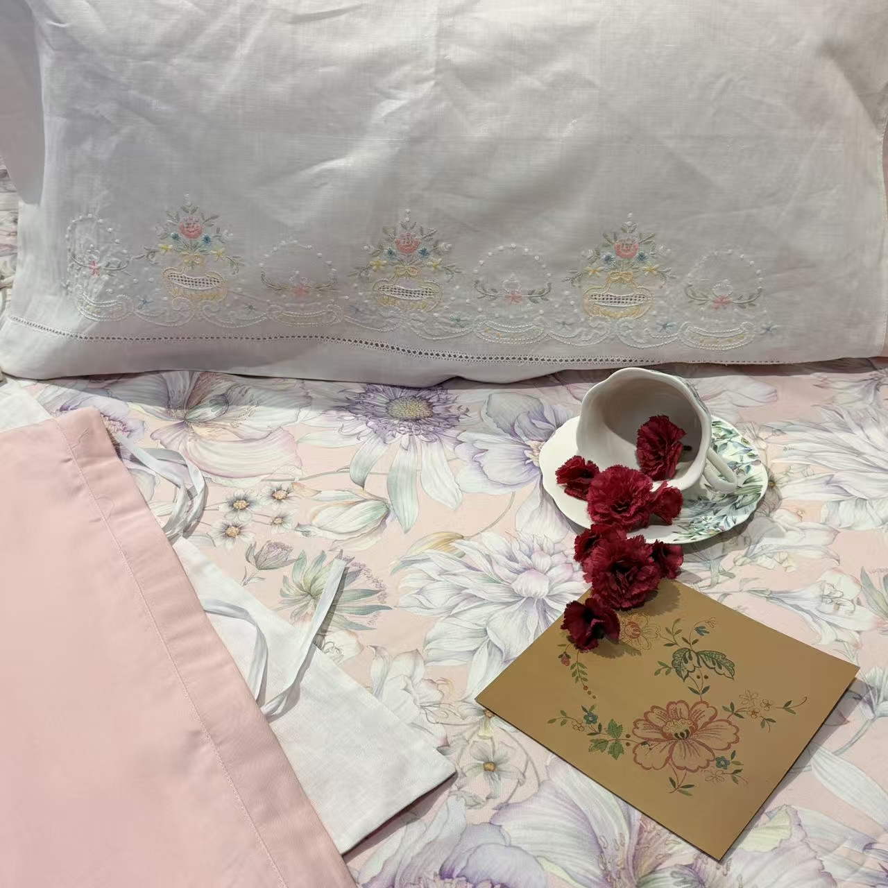 DZ378 【 玫瑰亚麻】手绣花枕套50*74CM一对