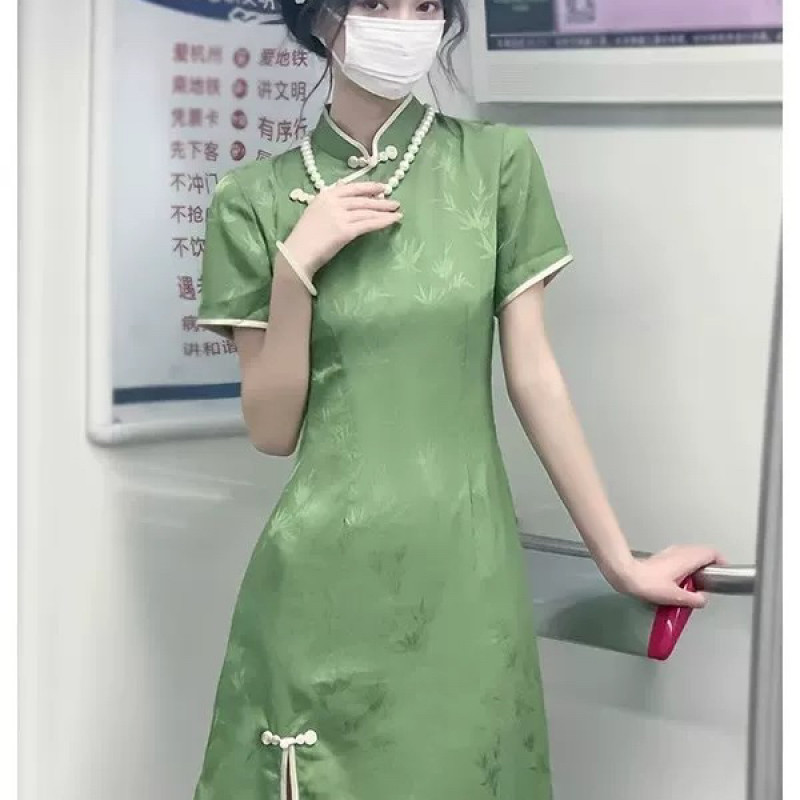 【2462 上弦月 绿色】显瘦气质修身优雅复古中国风旗袍