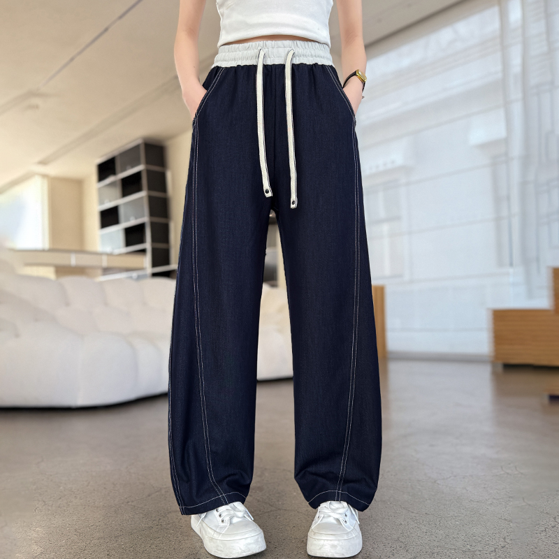 女童天丝牛仔裤夏款2025新款洋气抖抖裤中大童女孩韩版抽绳阔腿裤