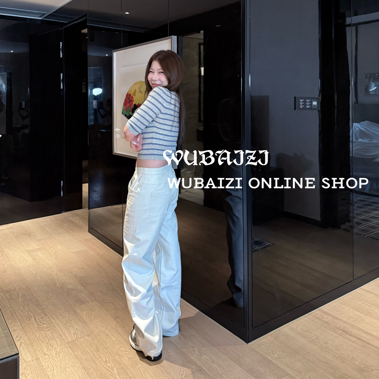 WUBAIZI ｜非市场货 蓝灰条纹羊毛衫五分袖修身针织T恤夏M25820