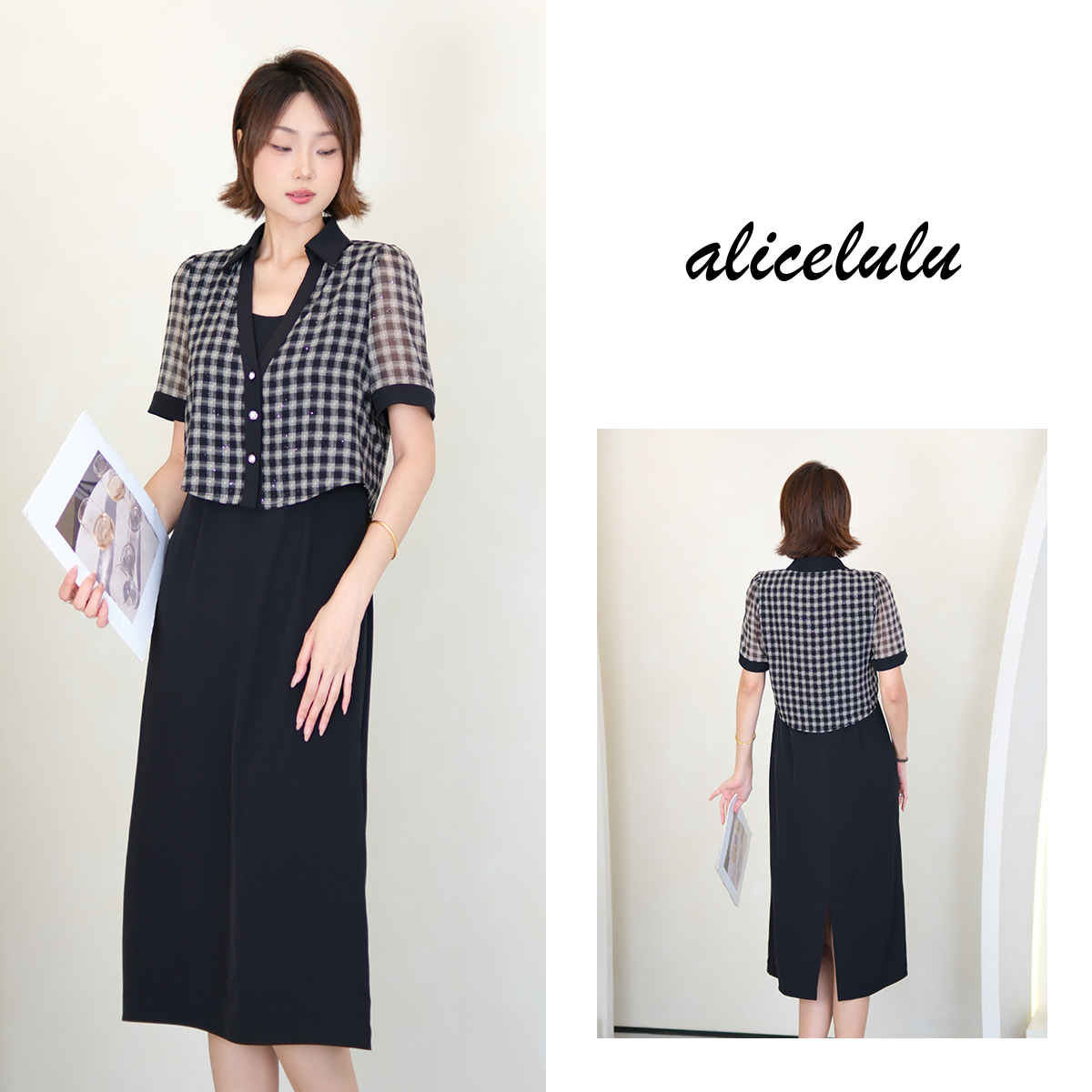 [alicelulu]短袖格子高级感假两件气质连衣裙S2143887E