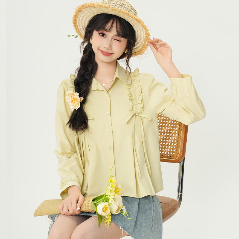 法式复古田园风黄绿色衬衫女2025春季新款系带设计感POLO领短上衣