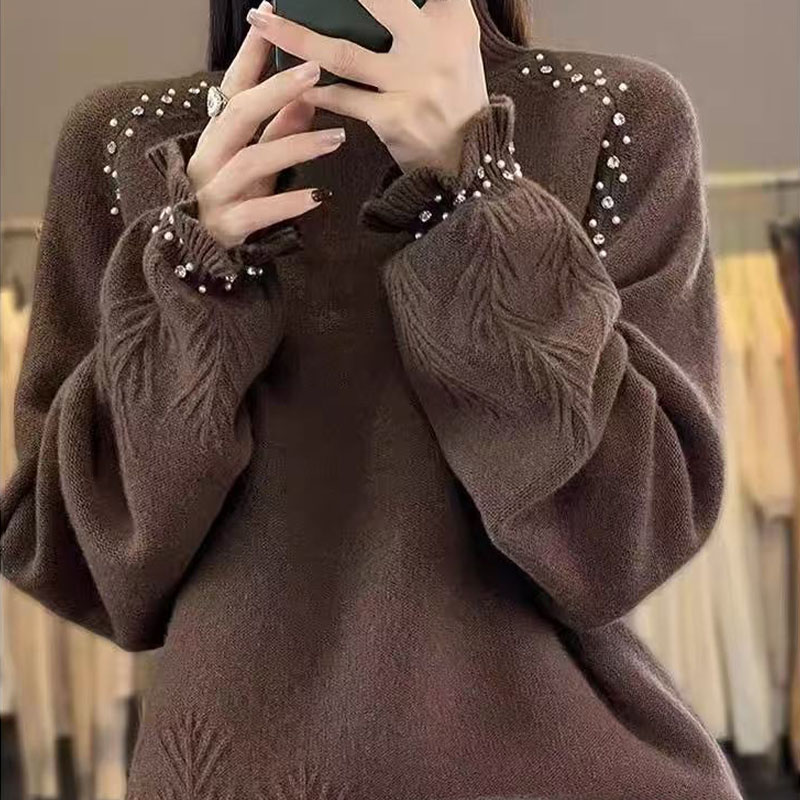 慵懒风高领羊毛衫女花边袖亮钻长袖秋冬加厚宽松针织打底衫上衣