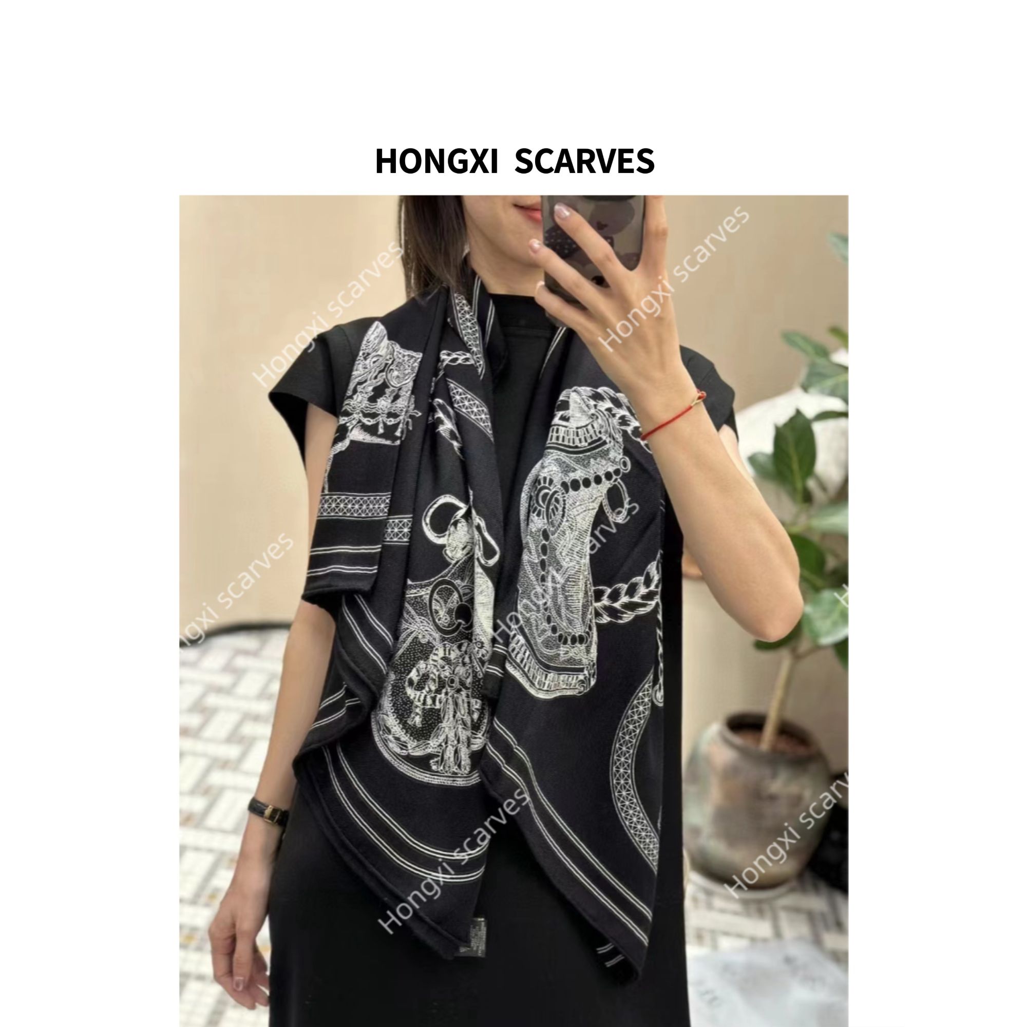 专属Hongxi Scarves/鸿晰丝毛双面130方巾手工卷边黑马 宫宴 H067