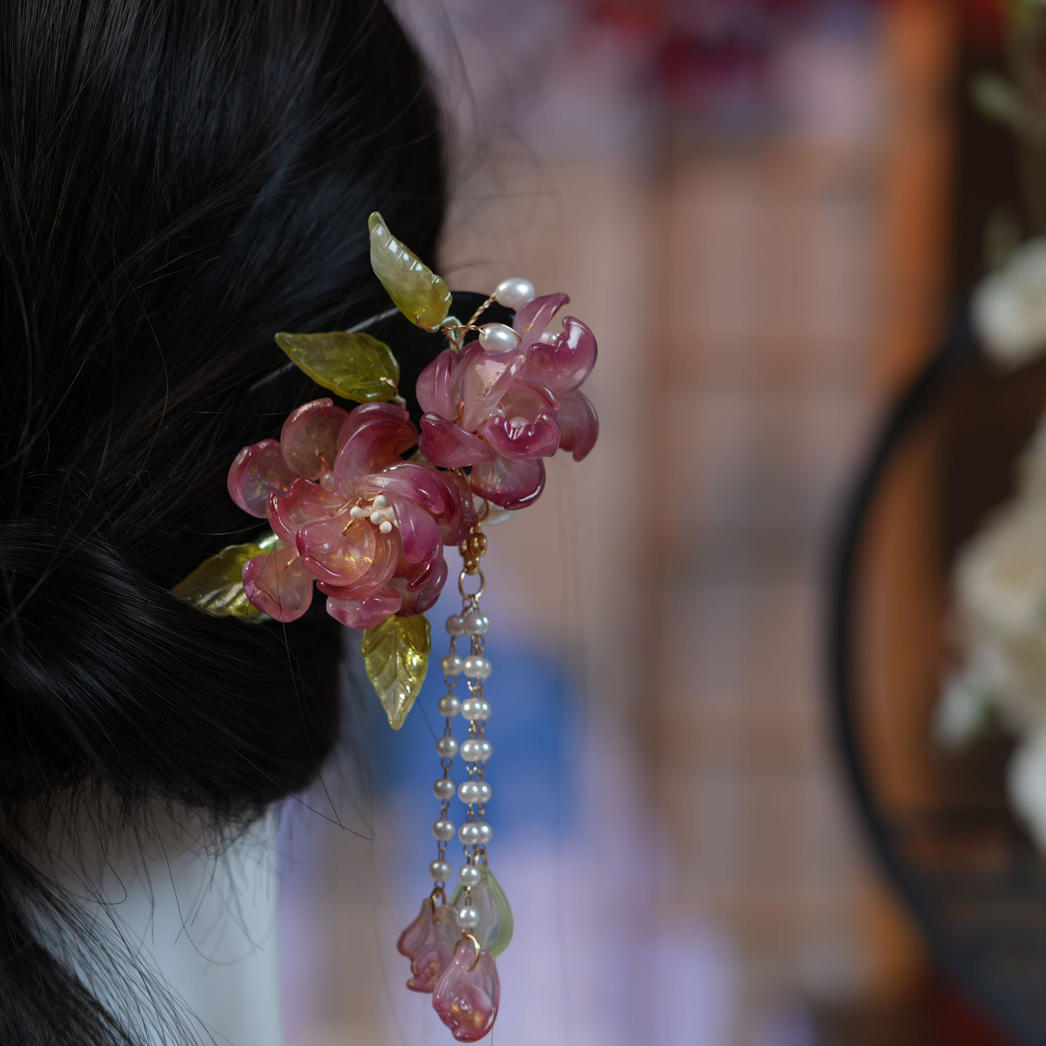 恬奇家a785“紫嫣桃花”高定u型木质双钗发簪流苏琉璃工艺原创设计