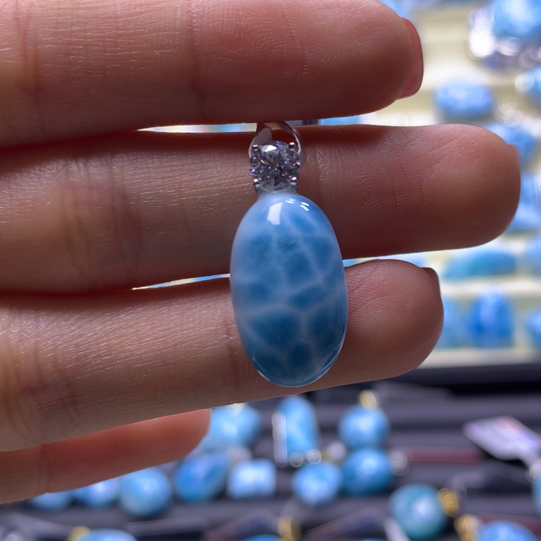 针钠钙石（海纹石）银S925镶嵌吊坠(不含链)蛋面吊坠色差略异
