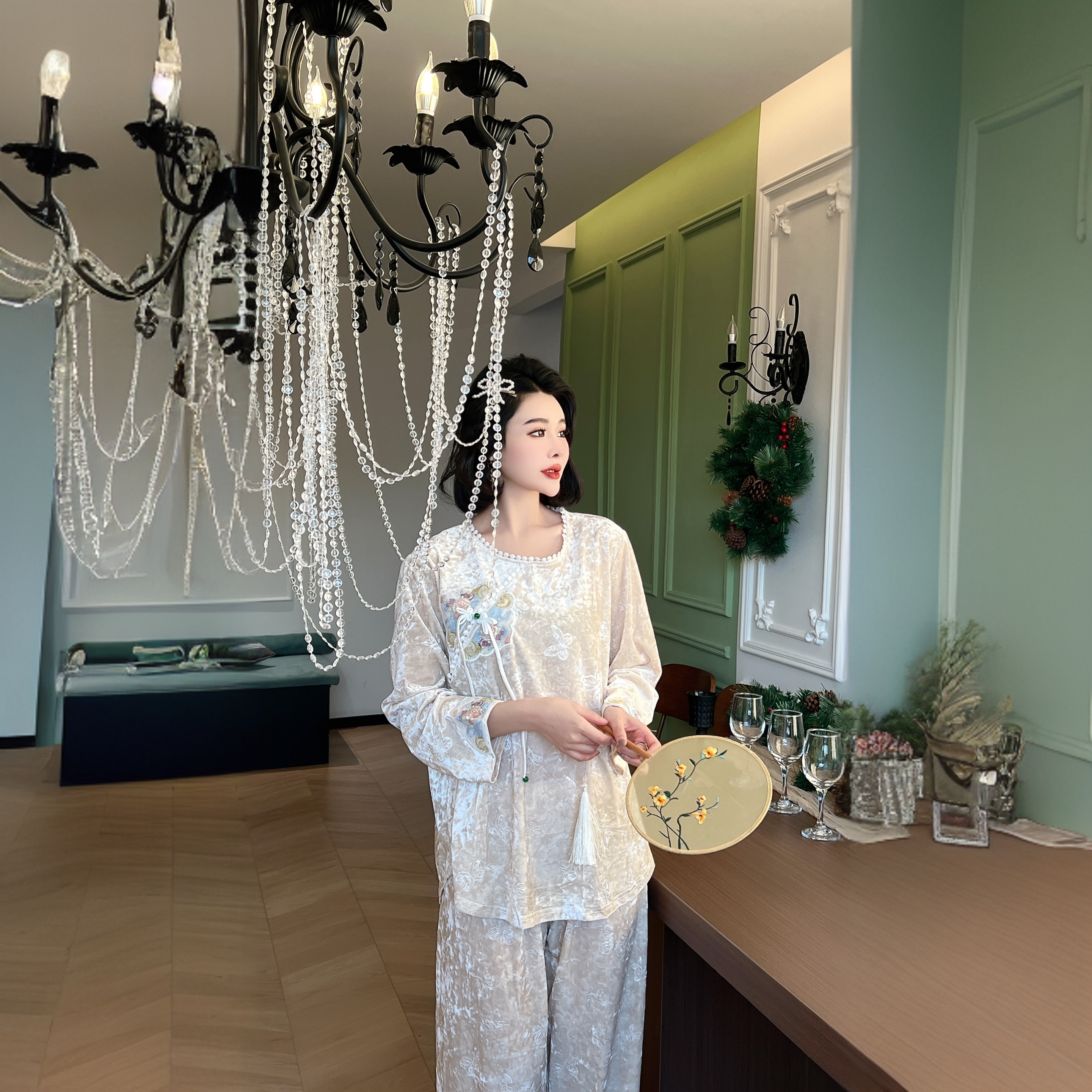 新中式国风睡衣女套装胖mm大码金丝绒压花两件套可外穿家居服1168