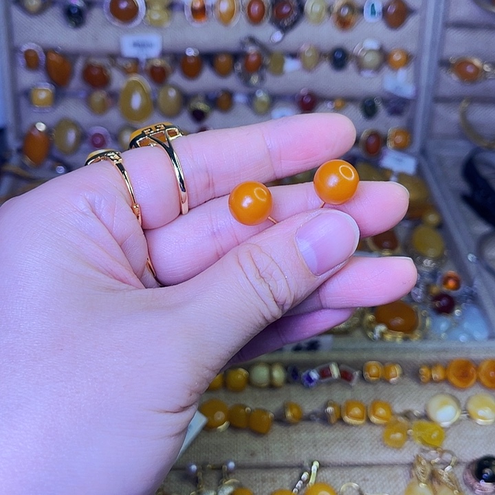 蜜蜡耳饰银S925镶嵌耳钉