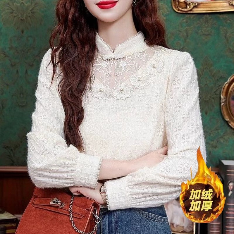 衬衫女秋冬新款时尚减龄小衫加绒加厚新中式立领长袖内搭洋气上衣