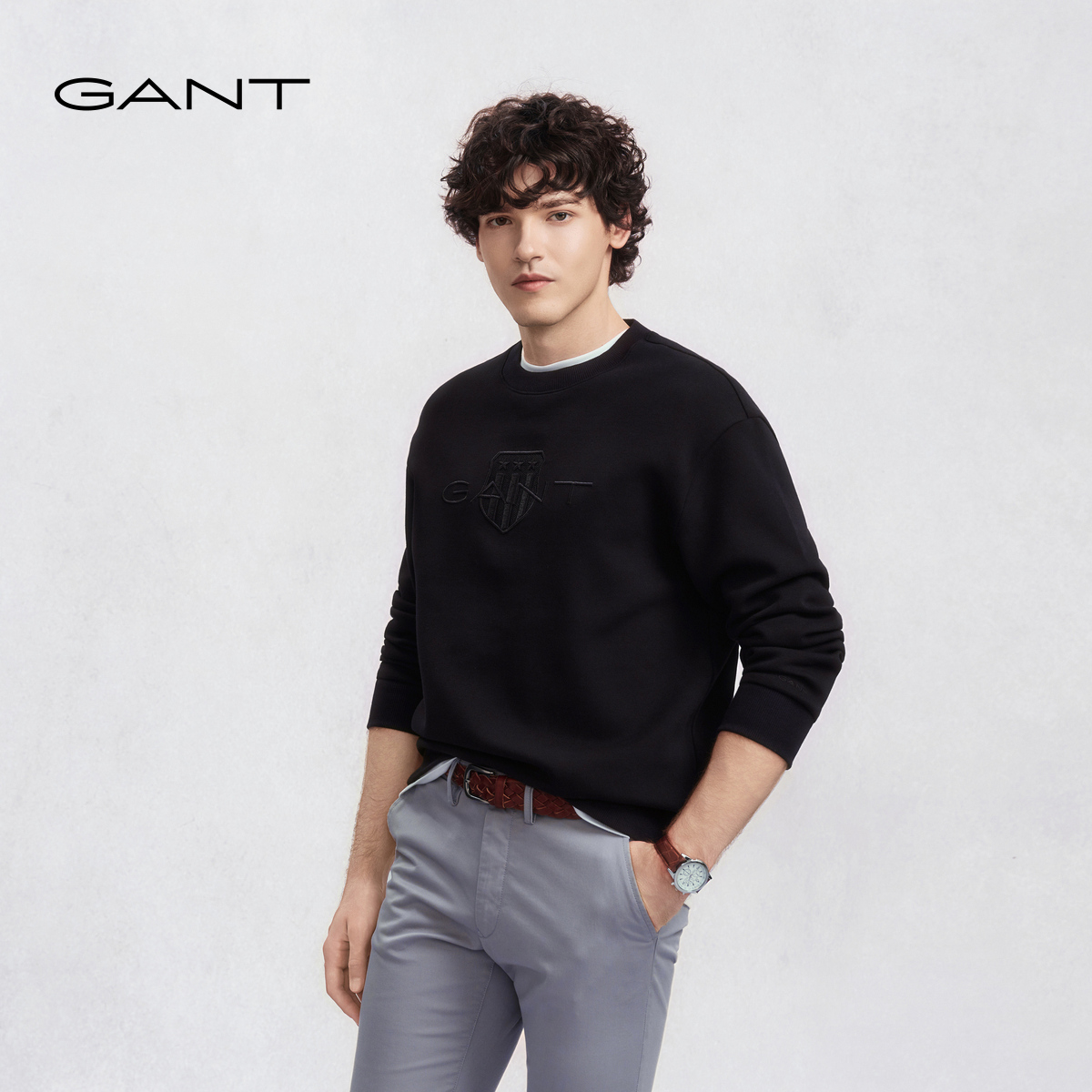 GANT/甘特2025秋季新款男士圆领休闲套头上衣重磅刺绣学院风卫衣