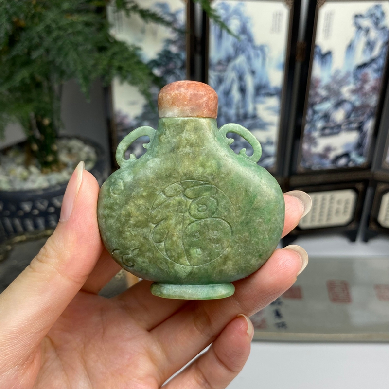 红加绿福在眼前鼻烟壶摆件挂件 天然翡翠A货