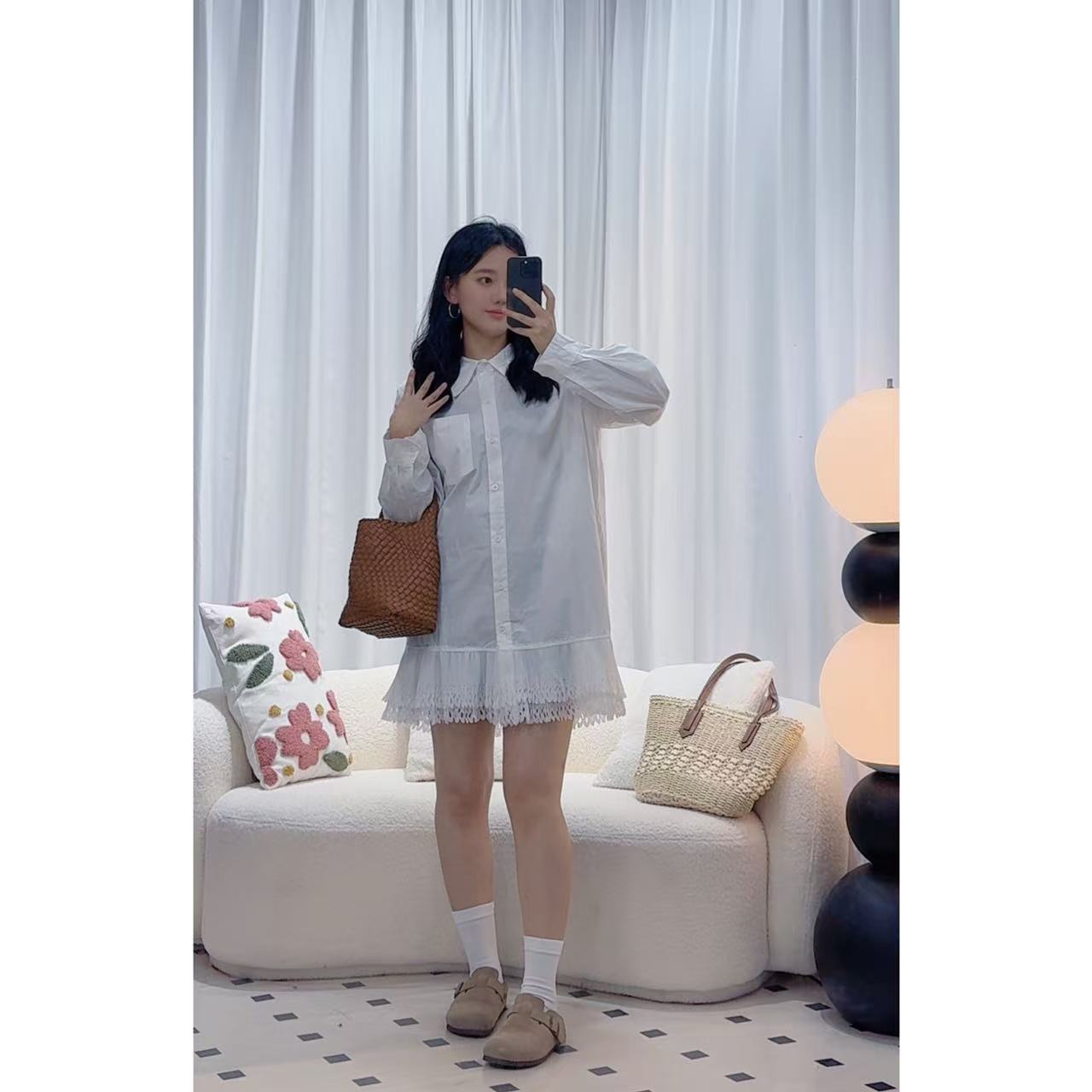 时尚百搭显瘦蕾丝白色长袖衬衫连衣裙