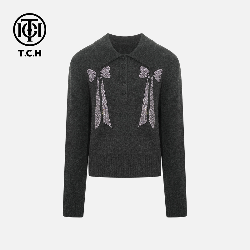 年终大促款TCH秋冬慵懒风烫钻时尚淑女深灰针织衫女T75D09E5002X