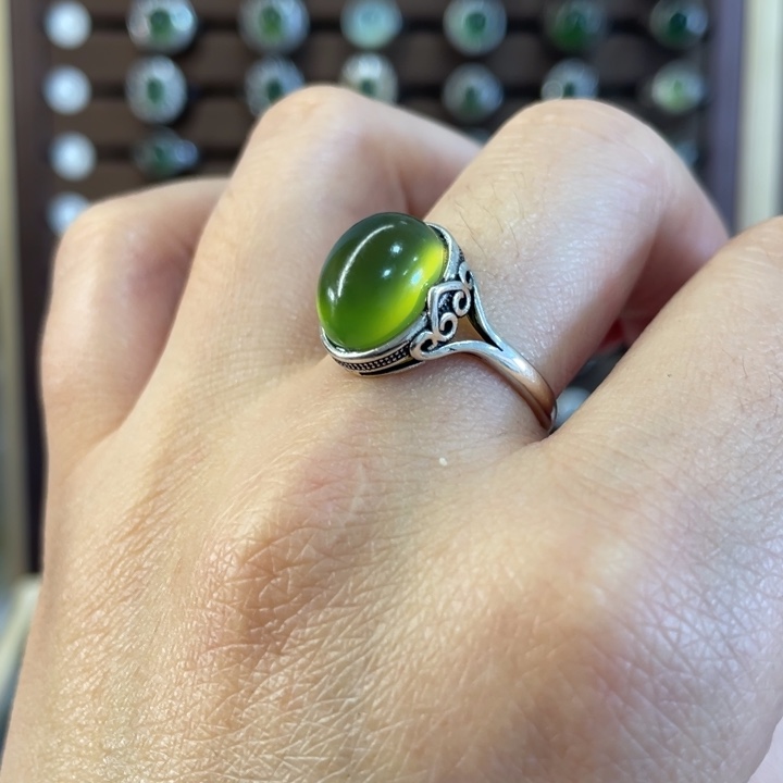 蛇纹石玉戒指银S925镶嵌