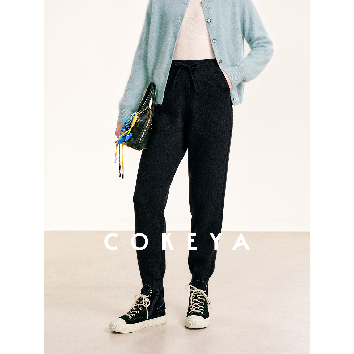 COKEYA/加厚“懒人裤”~暗纹提花山羊绒微阔时尚休闲针织卫裤女冬