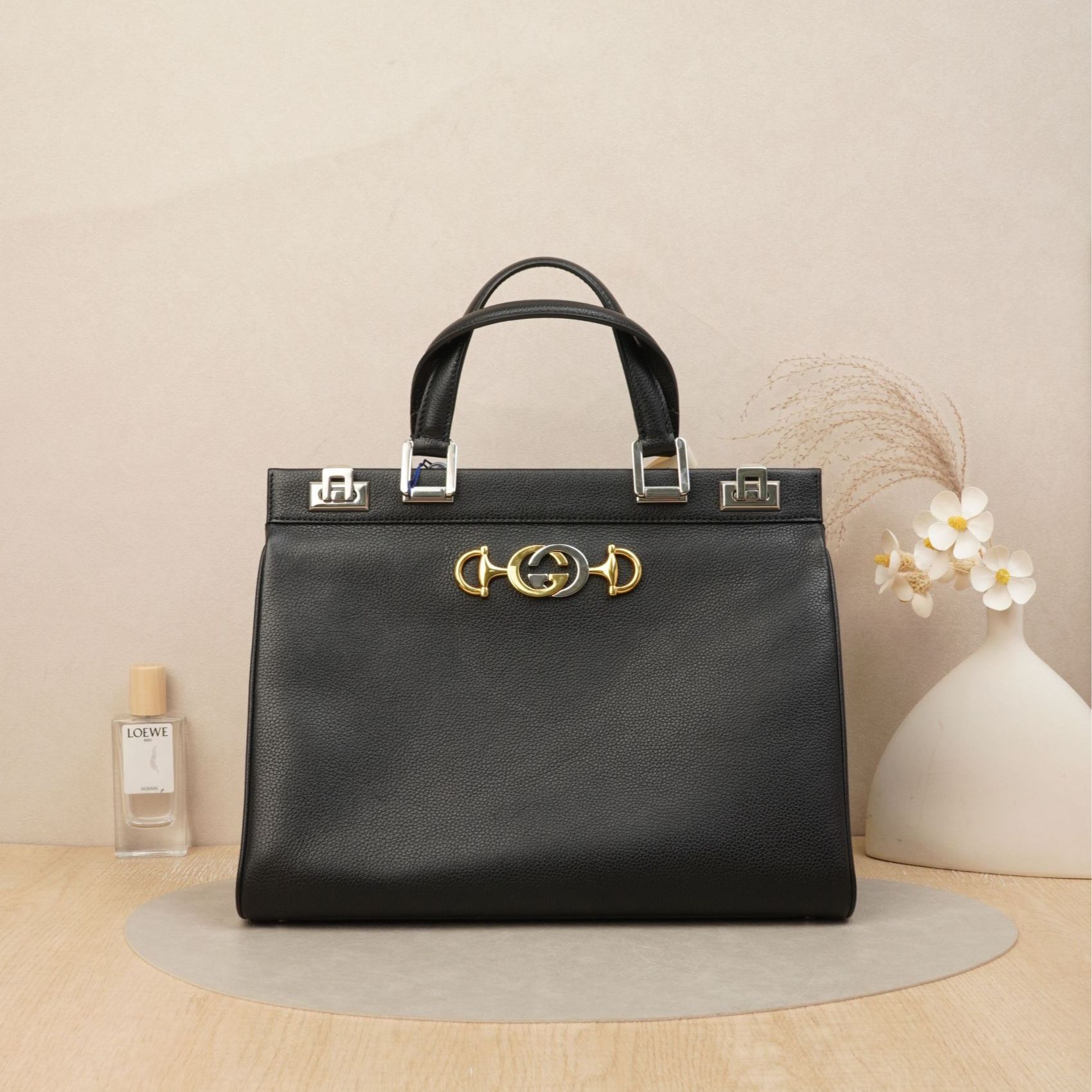 95新 GUCCI/古驰 古驰手提单肩包中号黑色牛皮/DS044447
