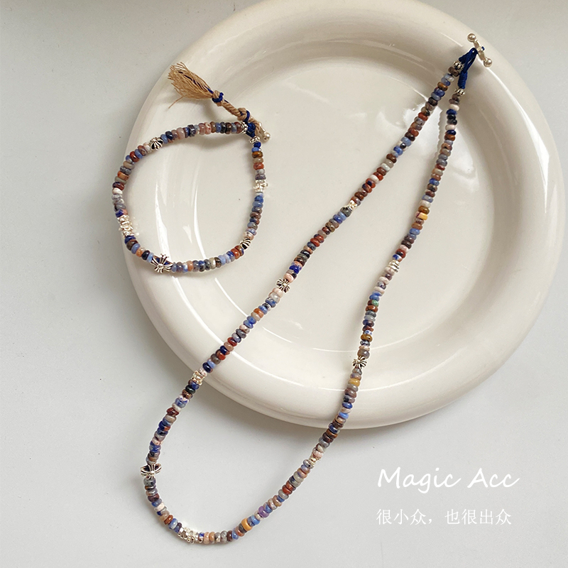 坠链均925银 【旧梦】原创设计彩色珠碎银子个性锁骨链男女复古项链