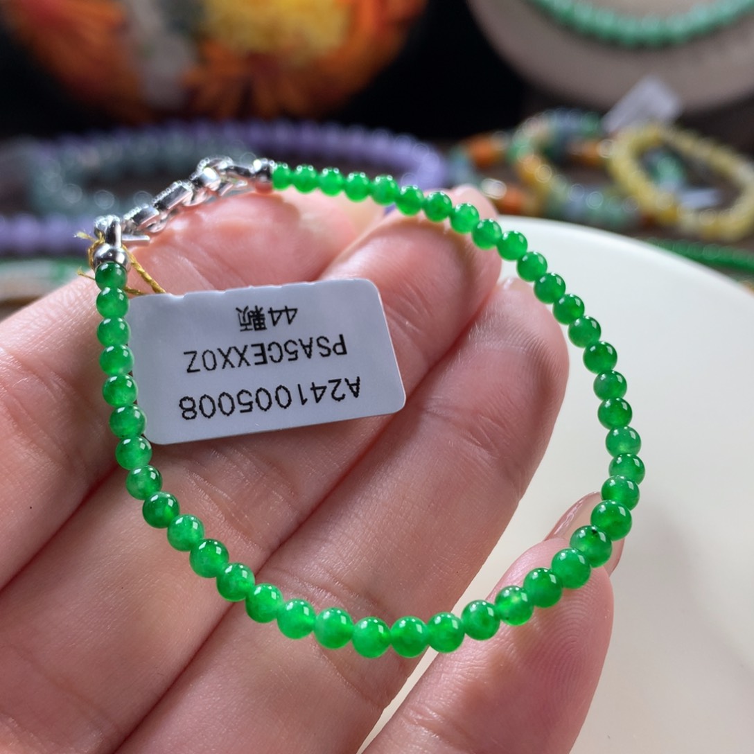 翡翠手链未镶嵌翡翠高冰浓正阳绿小米珠卡3+