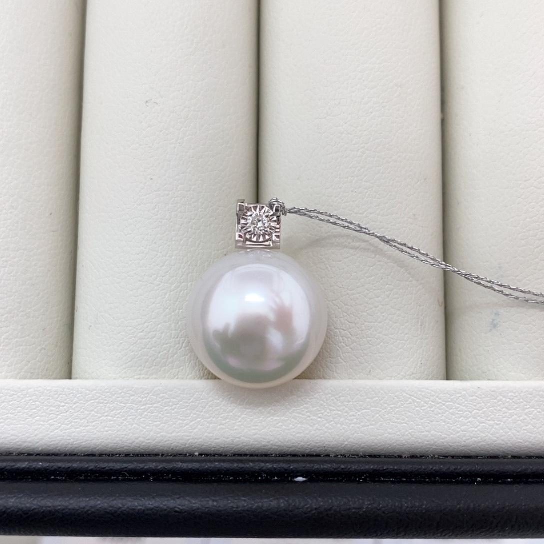 海水珍珠吊坠(不含链)18K金镶嵌12-13 澳白冷青光