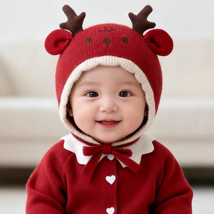 婴儿帽子秋冬季鹿角宝宝男女儿童保暖防风加厚圣诞红色毛线护耳帽