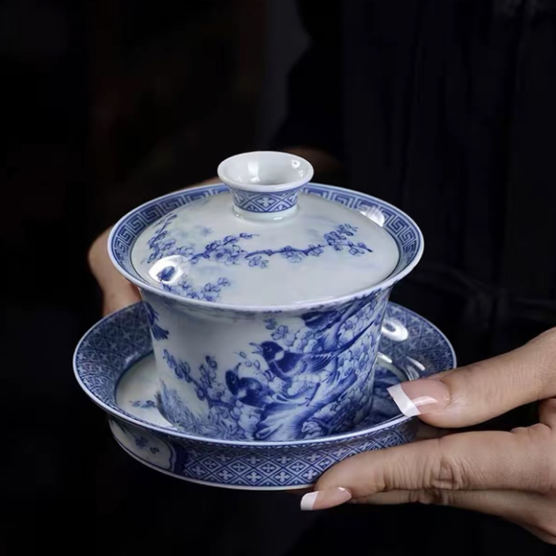 景德镇陶瓷花鸟喜上眉梢三才马蹄盖碗功夫茶泡茶