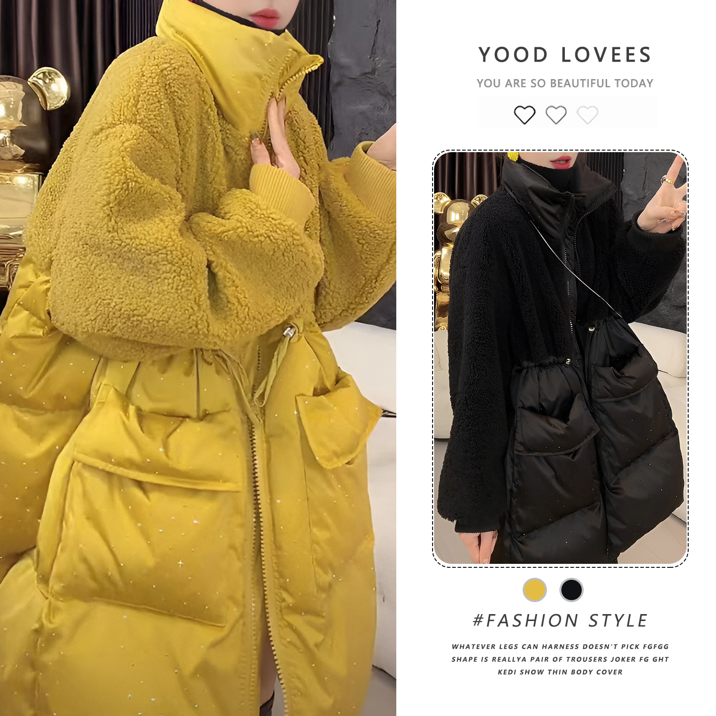 2025秋冬新款气质休闲女中长款时尚拼接毛毛宽松棉服保暖加厚外套