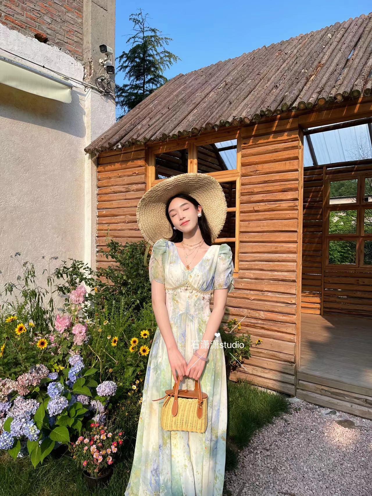 蓝绿艺术晕染连衣裙女夏新款波西米亚异域民族风度假裙