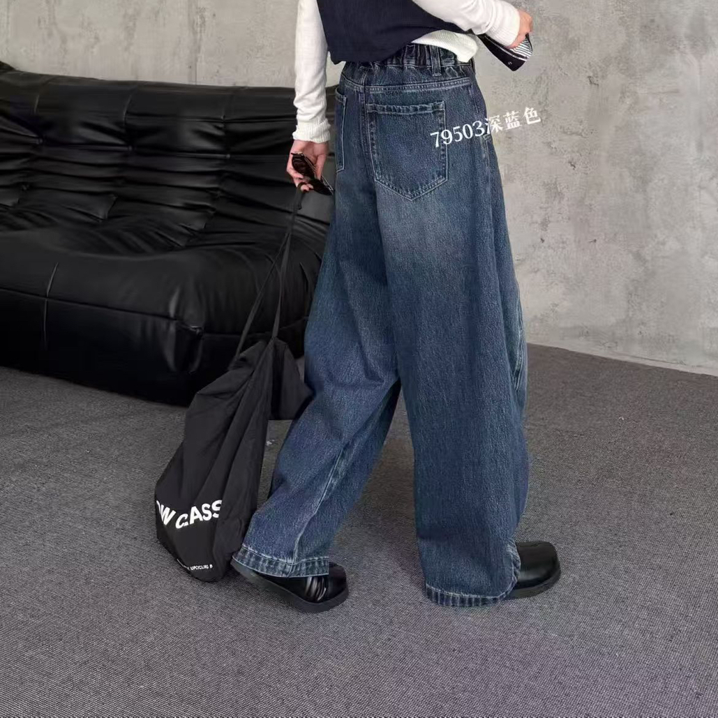 蓝色阔腿牛仔裤女复古高腰显瘦宽松直筒裤子春秋款韩版