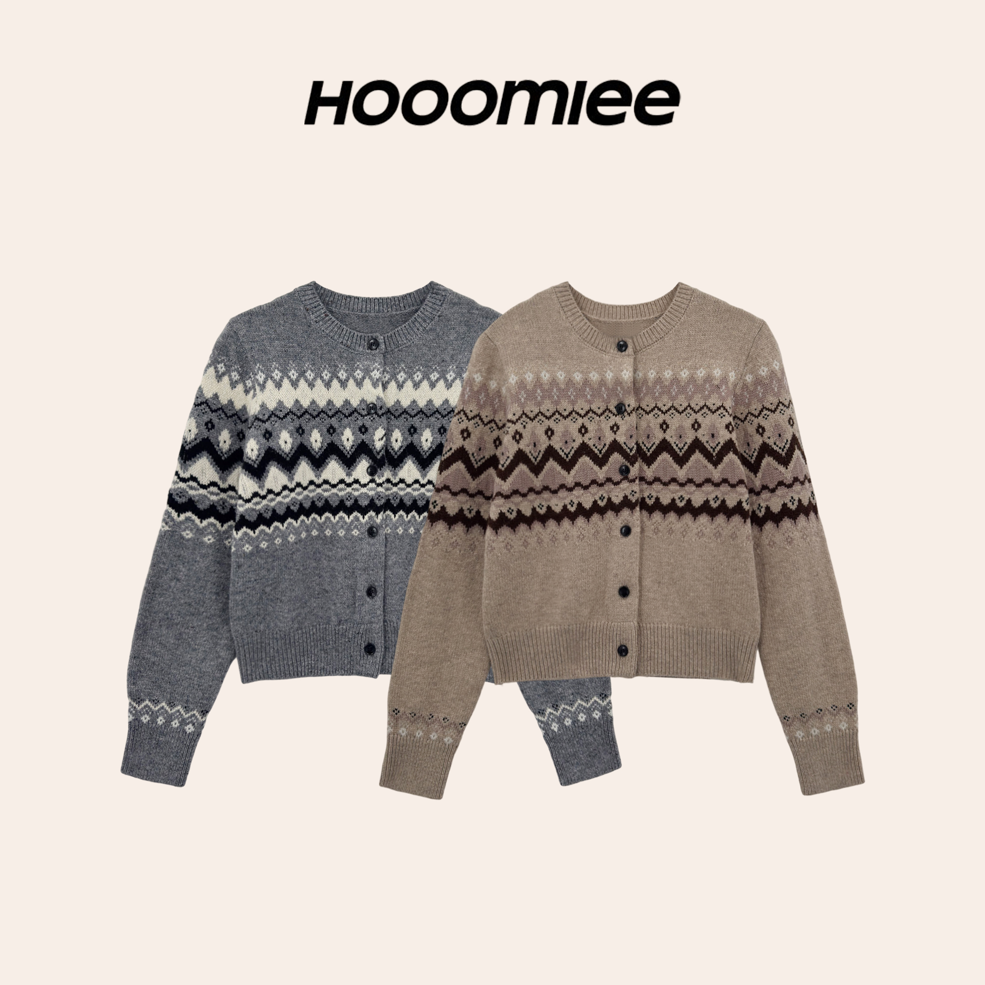 Hooomiee 时髦 绵羊毛花纹针织厚款女士开衫外套YS25215