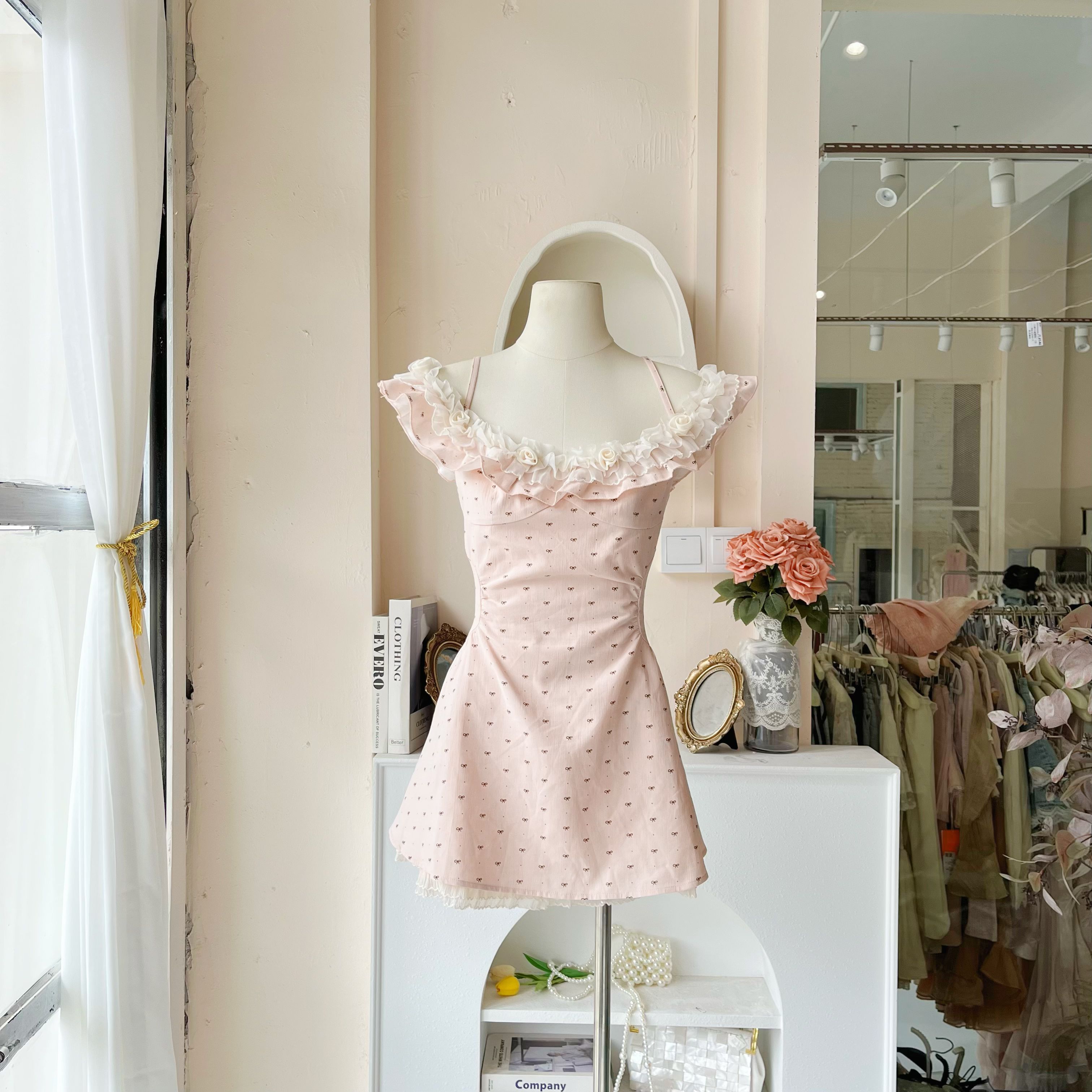 LHTE青青大码女装 舒芙蕾甜美显瘦修身粉色蝴蝶结印花连衣裙C5911