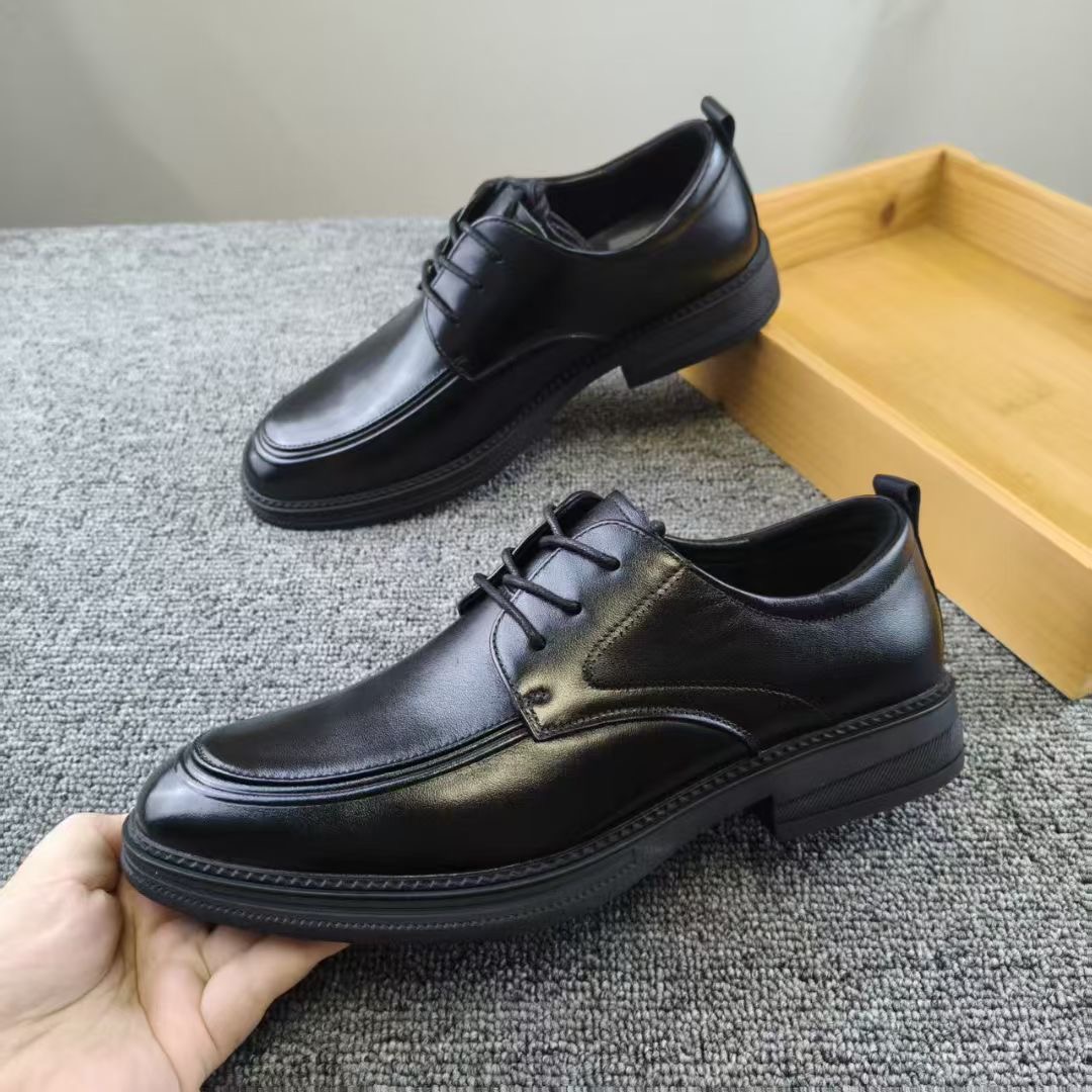 H家品牌撤柜防滑休闲皮鞋男士厚底圆头商务风百搭系带真皮牛皮