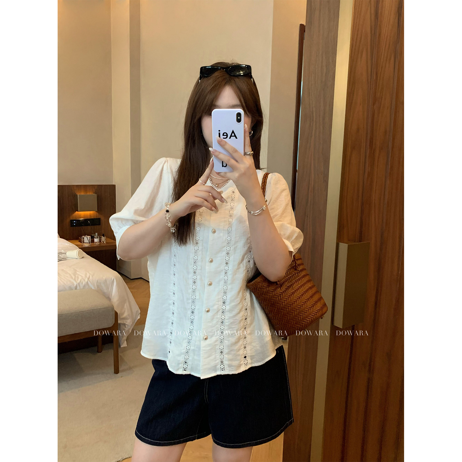 大婉酱微胖定制法式蕾丝镂空提花短袖衬衫女夏别致小众上衣 8118D