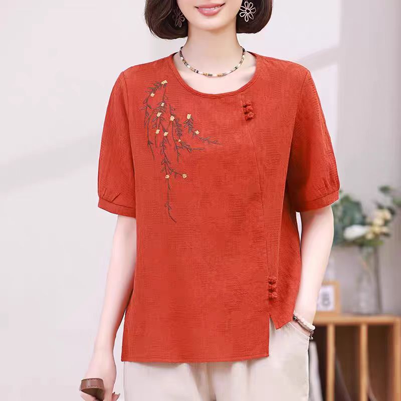 刺绣中年中老年女装夏季显瘦国风T恤宽松女装休闲辣妹风妈妈装