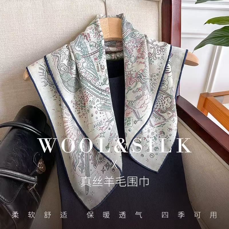 桑蚕丝羊毛【正在接通中蓝】60丝毛方巾双面印花手工卷边丝巾K334