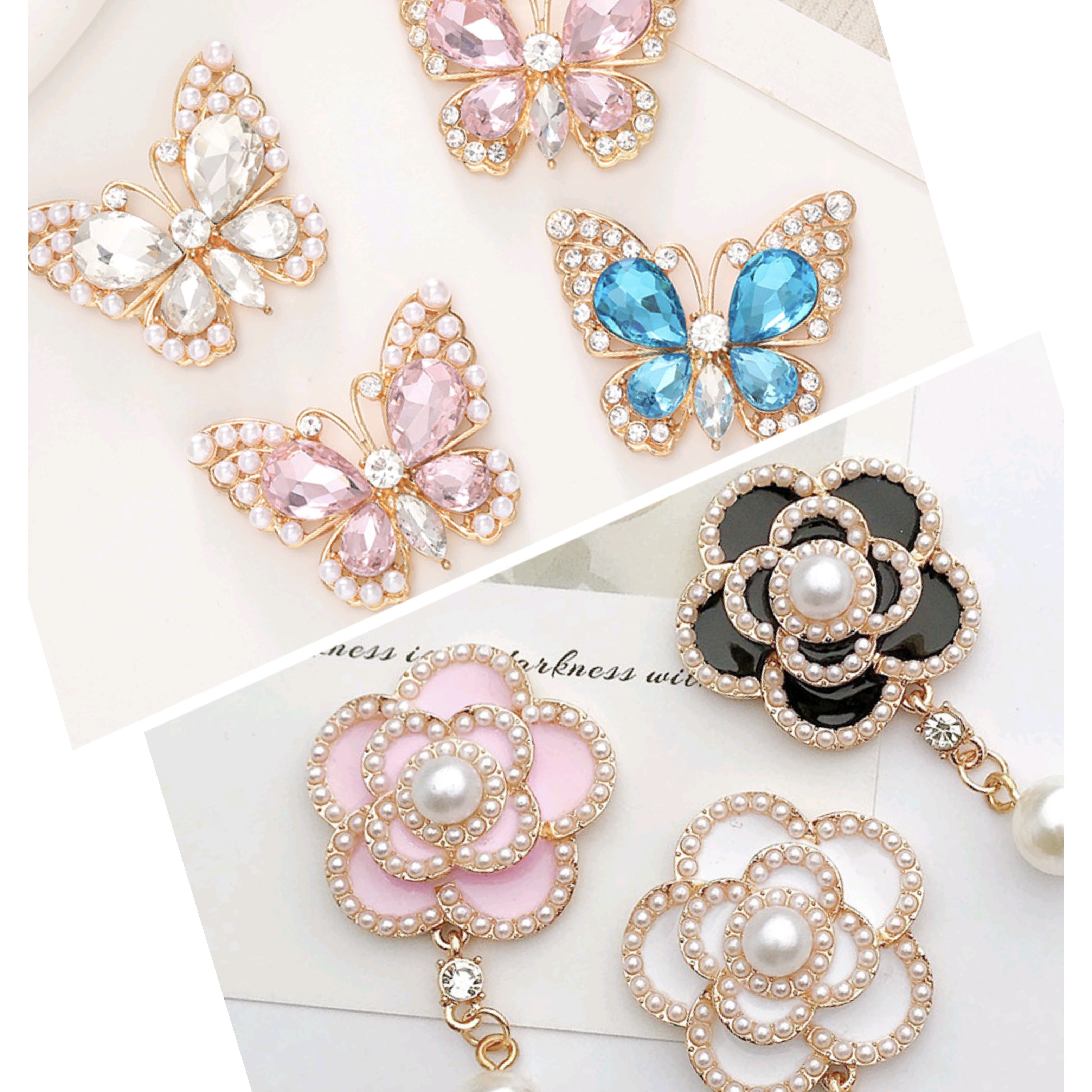 合金仿水晶吊坠 【霁月】珍珠山茶花吊坠水晶蝴蝶手工diy合金饰品