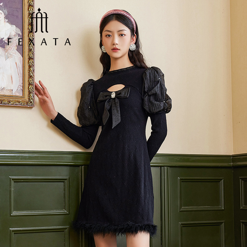 【达人专属】FEXATA斐格思蝴蝶结针织裙气质连衣裙小黑裙