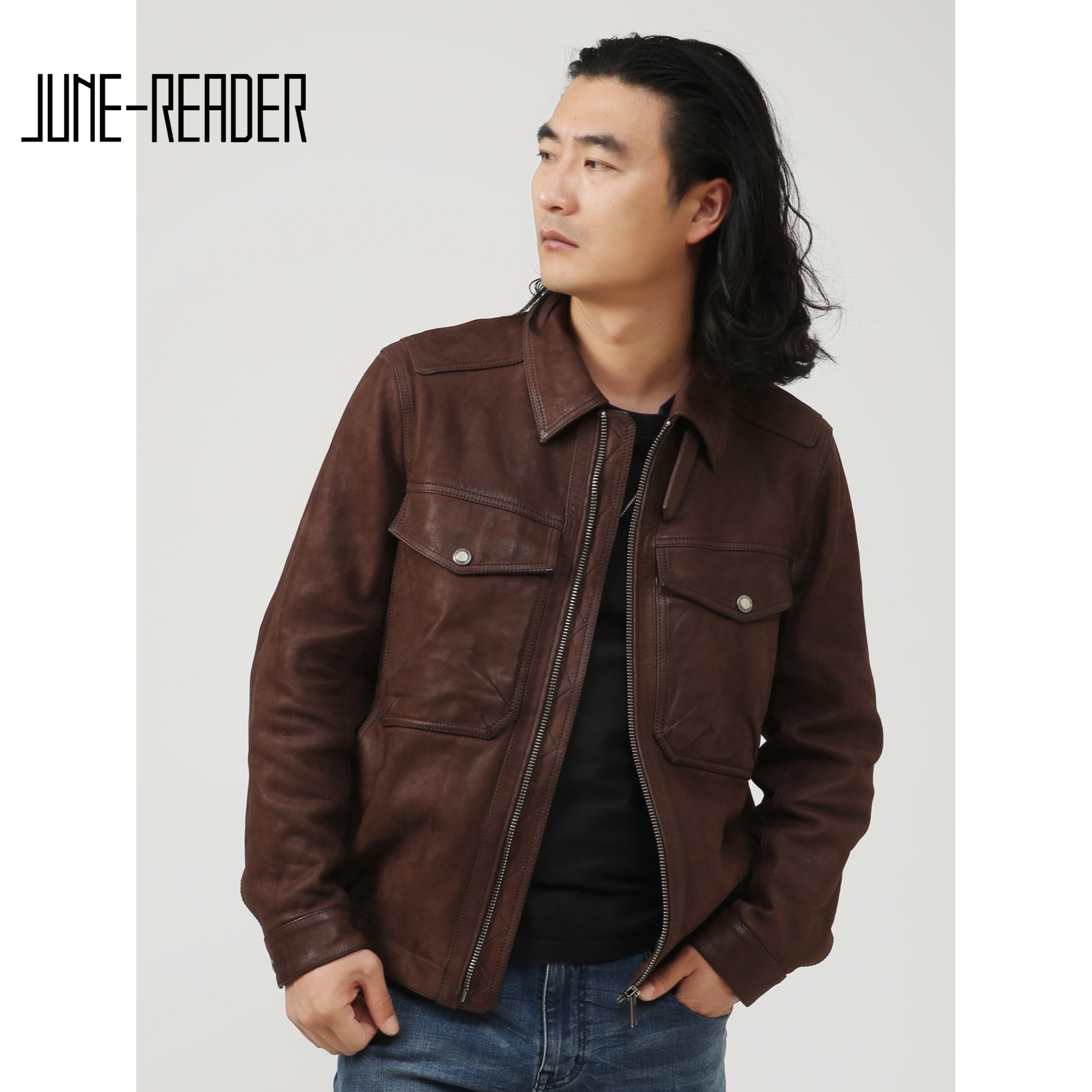 山羊皮工装男款复古做旧机车皮衣夹克翻领秋冬棕色水洗百搭经典