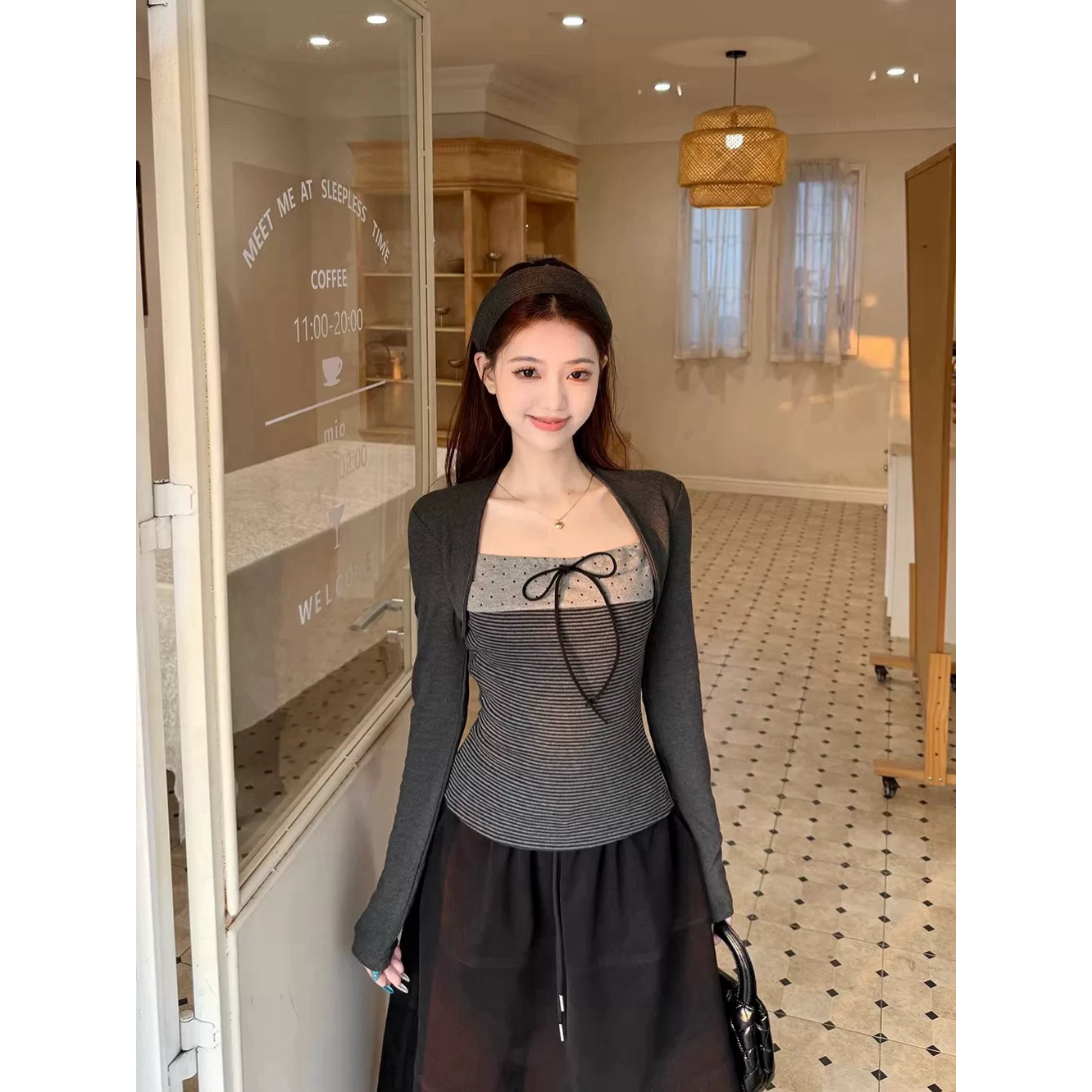 【小黄梨】韩系撞色波点元素假两件坎肩短袖T恤女新款百