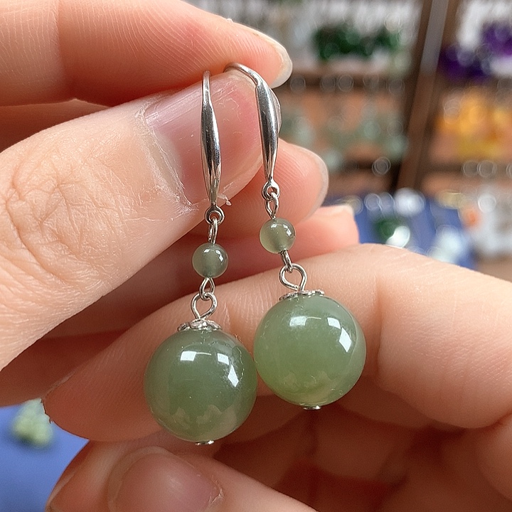 和田玉银S925镶嵌耳饰12左右晴水绿