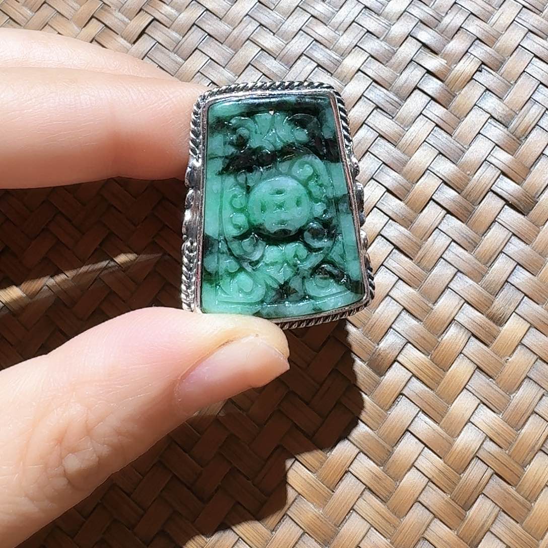 翡翠戒指银S925镶嵌平**福个性十足