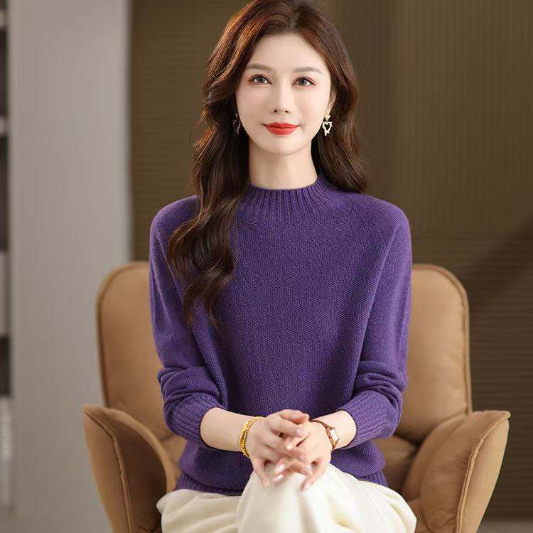 100%羊毛女士常规针织纯色厚款圆领珠片时尚半高领秋冬洋气