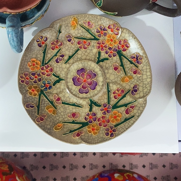 好***年扇子景泰蓝瓷胎小茶盘